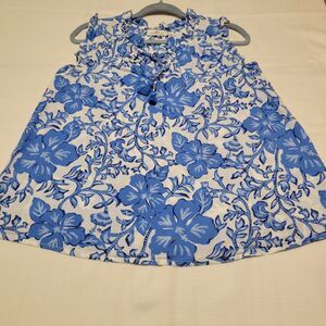 Vineyard Vines Women's Blue Floral White Blouse Raffled Sleeves Size S